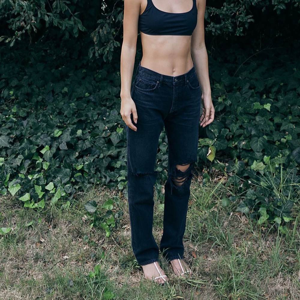 Agolde Lana Mid Rise Black Straight Leg Distressed Jeans